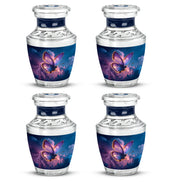 Cobalt Blue Butterfly Cremation Urn back view with polished surface - stylized abstract butterfly pattern with bold lines - 10 inch aluminum urn for cremated remains