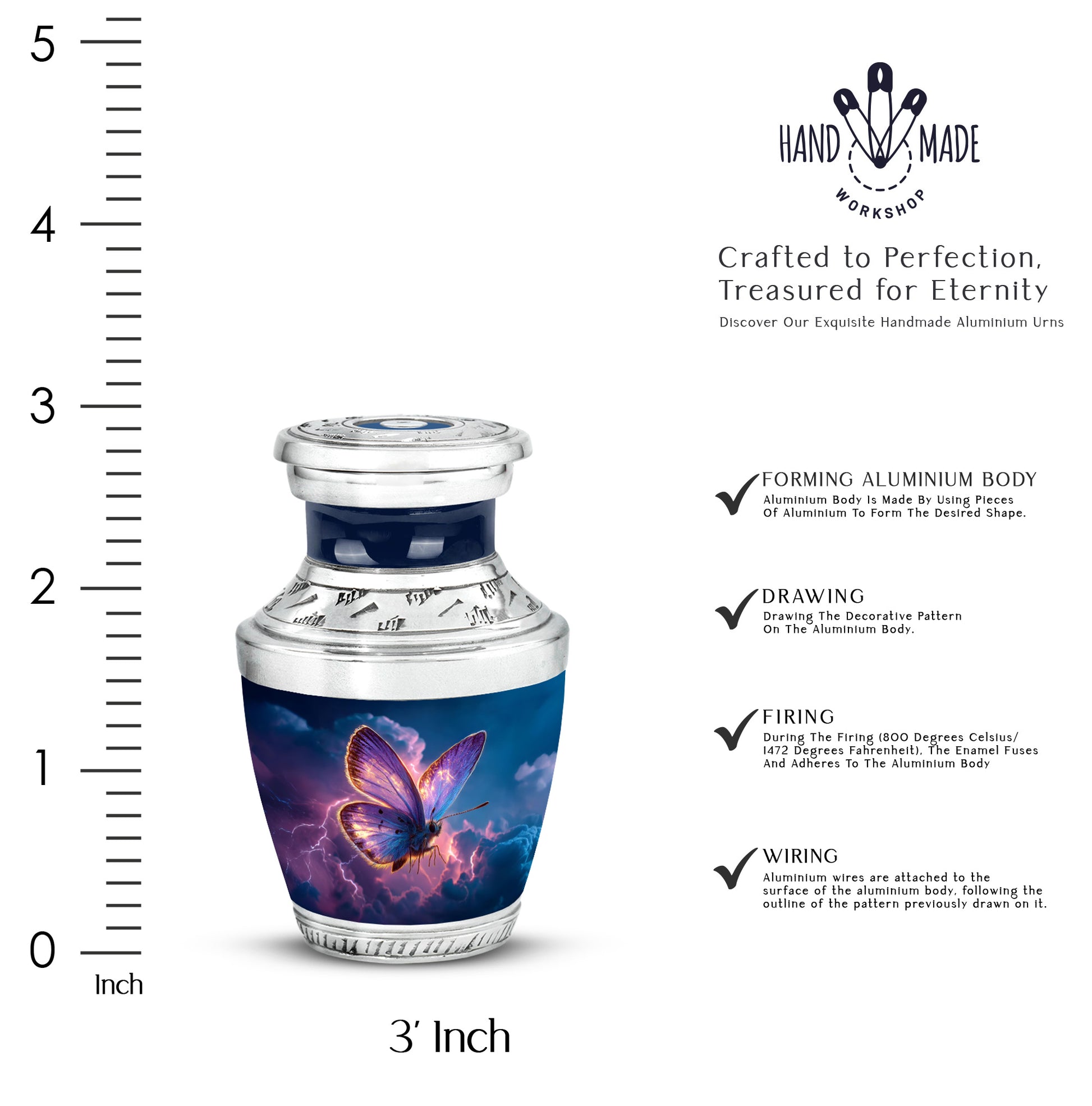 Cornflower Blue Butterfly Cremation Urn top-down view of secure threaded lid - artistic butterfly interpretation with creative detail - mini keepsake memorial for portion of cremation ashes