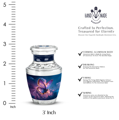 Cornflower Blue Butterfly Cremation Urn top-down view of secure threaded lid - artistic butterfly interpretation with creative detail - mini keepsake memorial for portion of cremation ashes