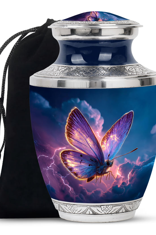 Misty Blue Butterfly Cremation Urn side profile showing urn shape - modern art-inspired butterfly motif on sleek aluminum - full-size 10 inch 200 cubic inch adult cremation urn