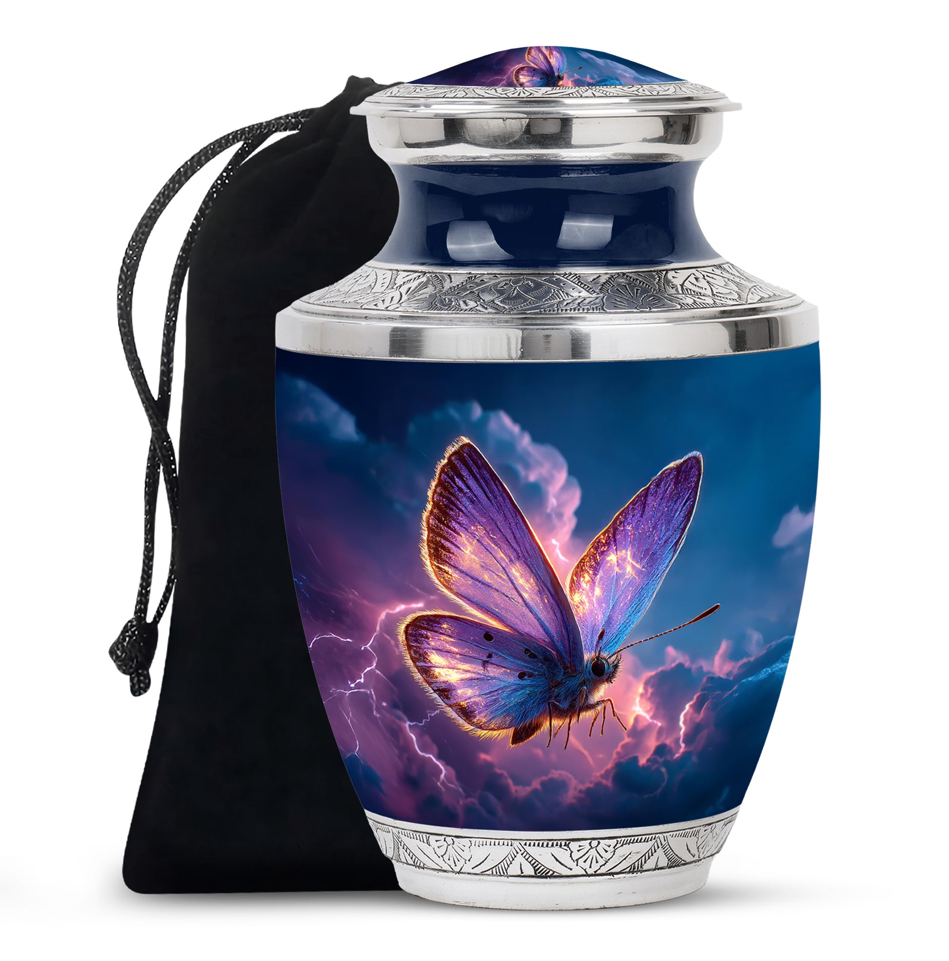Misty Blue Butterfly Cremation Urn side profile showing urn shape - modern art-inspired butterfly motif on sleek aluminum - full-size 10 inch 200 cubic inch adult cremation urn