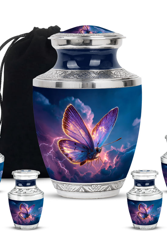 Slate Blue Butterfly Cremation Urn lifestyle display on memorial shelf - contemporary butterfly design with modern artistic flair - memorial set with one large and four small urns