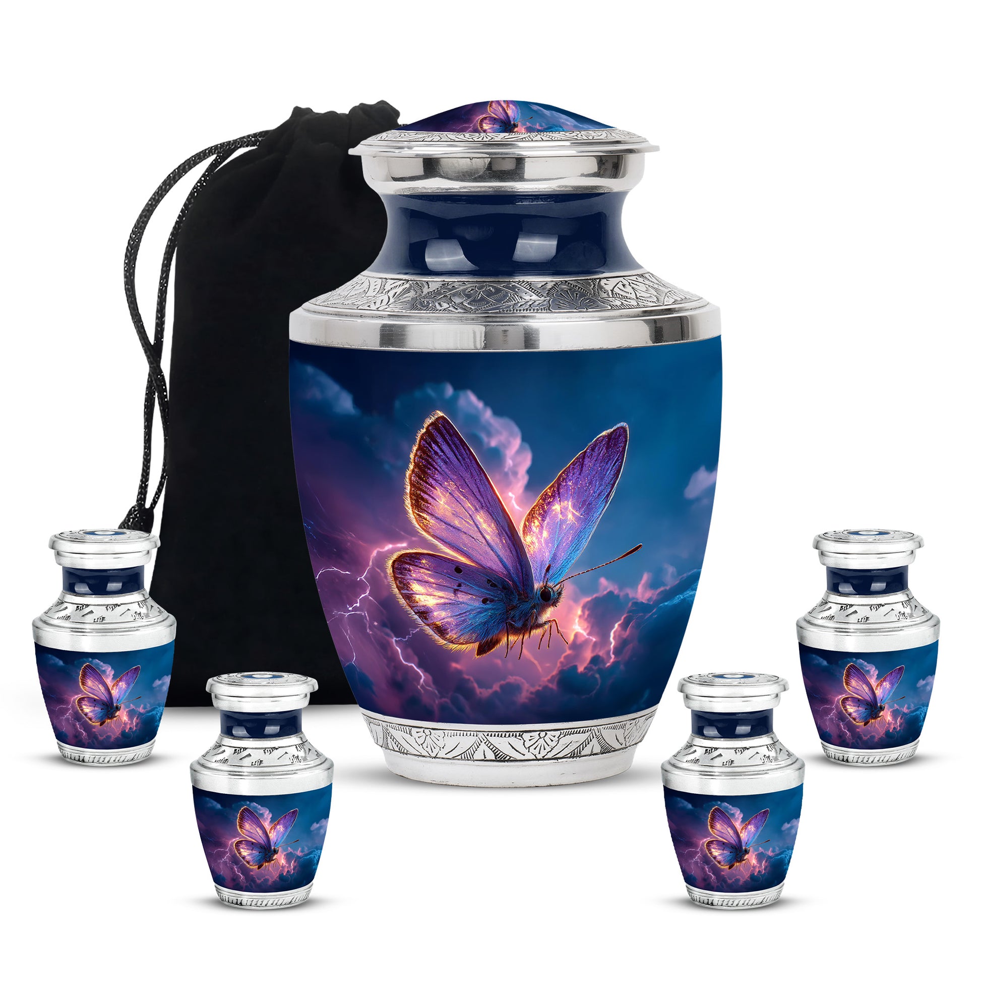 Slate Blue Butterfly Cremation Urn lifestyle display on memorial shelf - contemporary butterfly design with modern artistic flair - memorial set with one large and four small urns