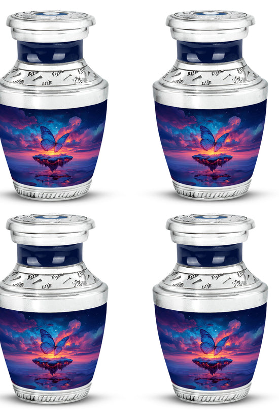Azure Butterfly Cremation Urn back view with polished surface - contemporary butterfly design with modern artistic flair - 10 inch aluminum urn for cremated remains