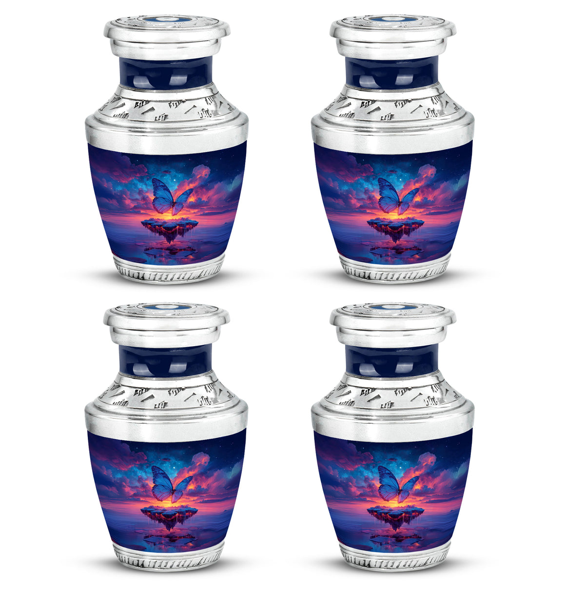 Azure Butterfly Cremation Urn back view with polished surface - contemporary butterfly design with modern artistic flair - 10 inch aluminum urn for cremated remains