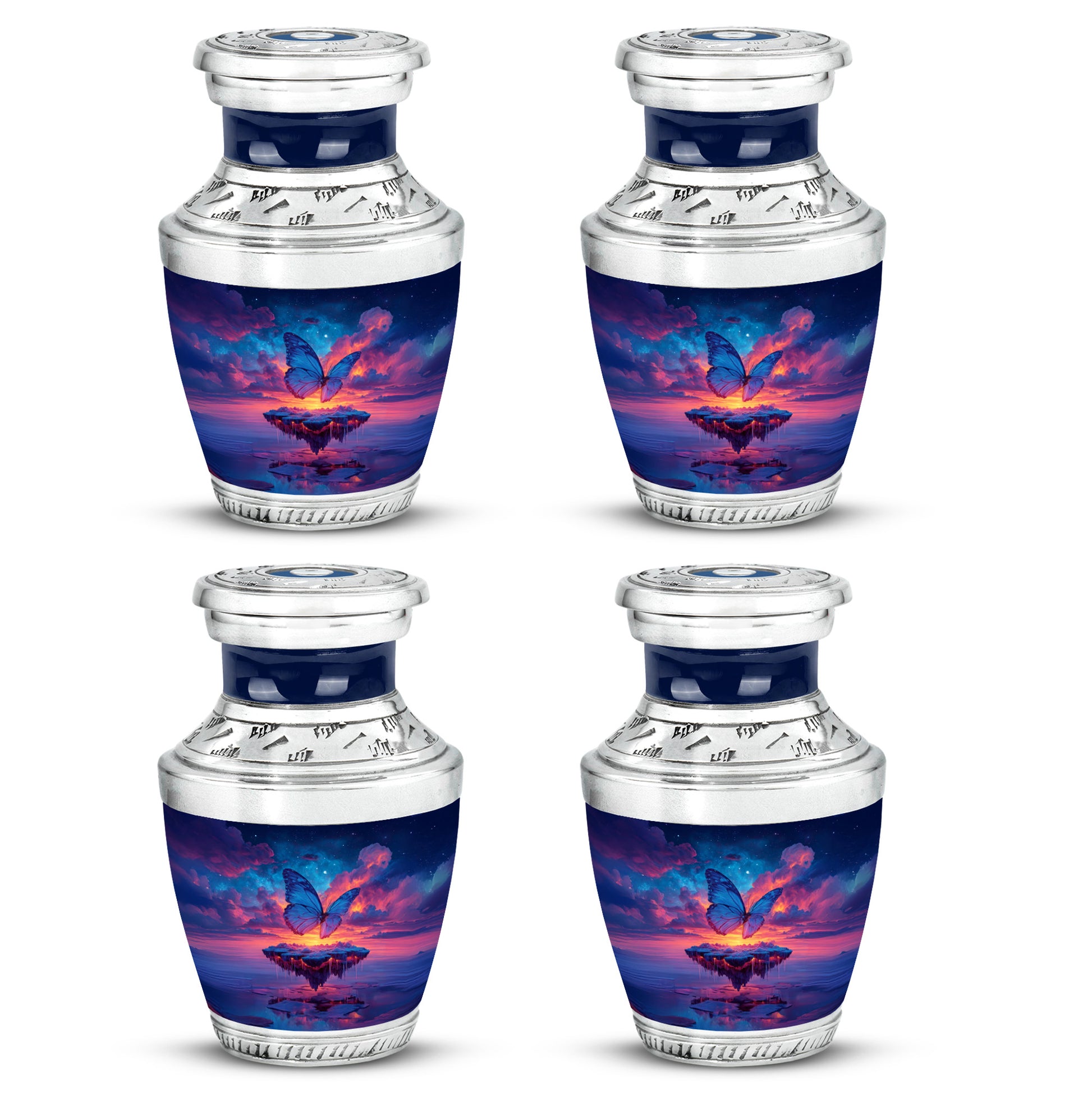 Azure Butterfly Cremation Urn back view with polished surface - contemporary butterfly design with modern artistic flair - 10 inch aluminum urn for cremated remains