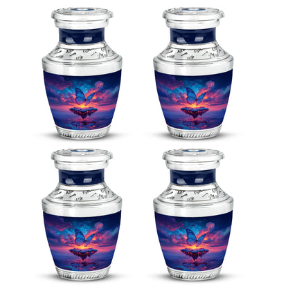 Azure Butterfly Cremation Urn back view with polished surface - contemporary butterfly design with modern artistic flair - 10 inch aluminum urn for cremated remains