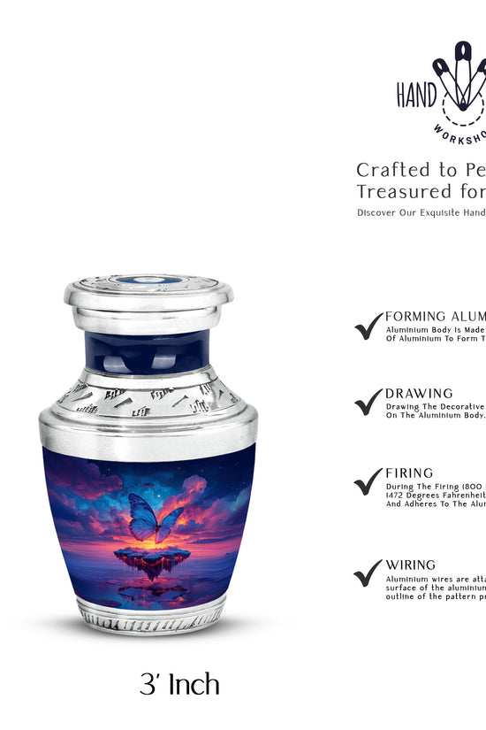 Pastel Blue Butterfly Cremation Urn top-down view of secure threaded lid - contemporary butterfly design with modern artistic flair - mini keepsake memorial for portion of cremation ashes