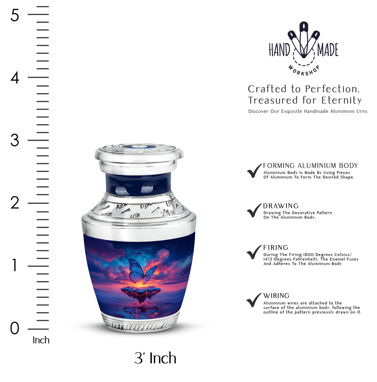 Pastel Blue Butterfly Cremation Urn top-down view of secure threaded lid - contemporary butterfly design with modern artistic flair - mini keepsake memorial for portion of cremation ashes