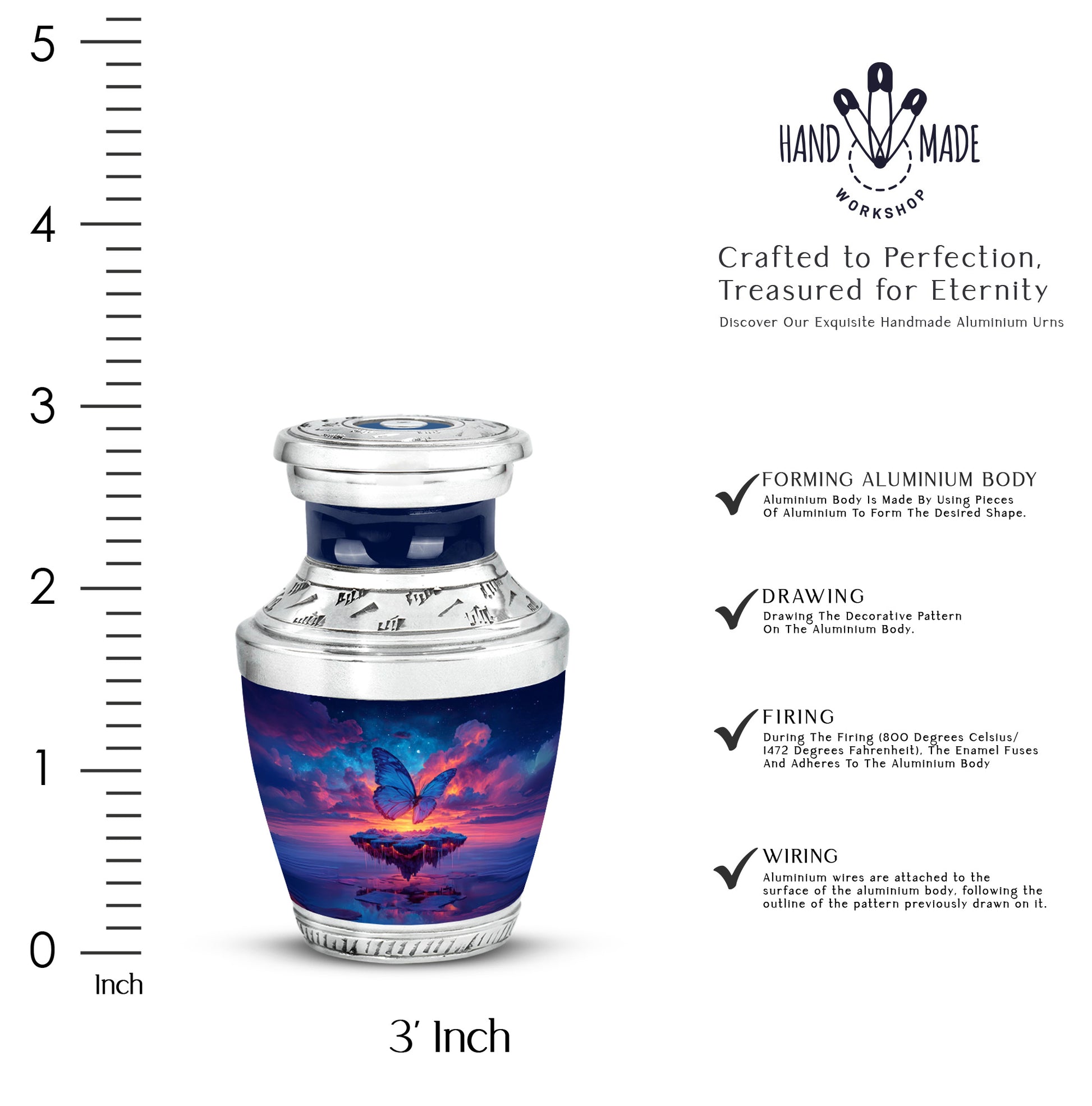Pastel Blue Butterfly Cremation Urn top-down view of secure threaded lid - contemporary butterfly design with modern artistic flair - mini keepsake memorial for portion of cremation ashes
