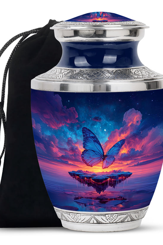 Pastel Blue Butterfly Cremation Urn side profile showing urn shape - contemporary butterfly design with modern artistic flair - full-size 10 inch 200 cubic inch adult cremation urn