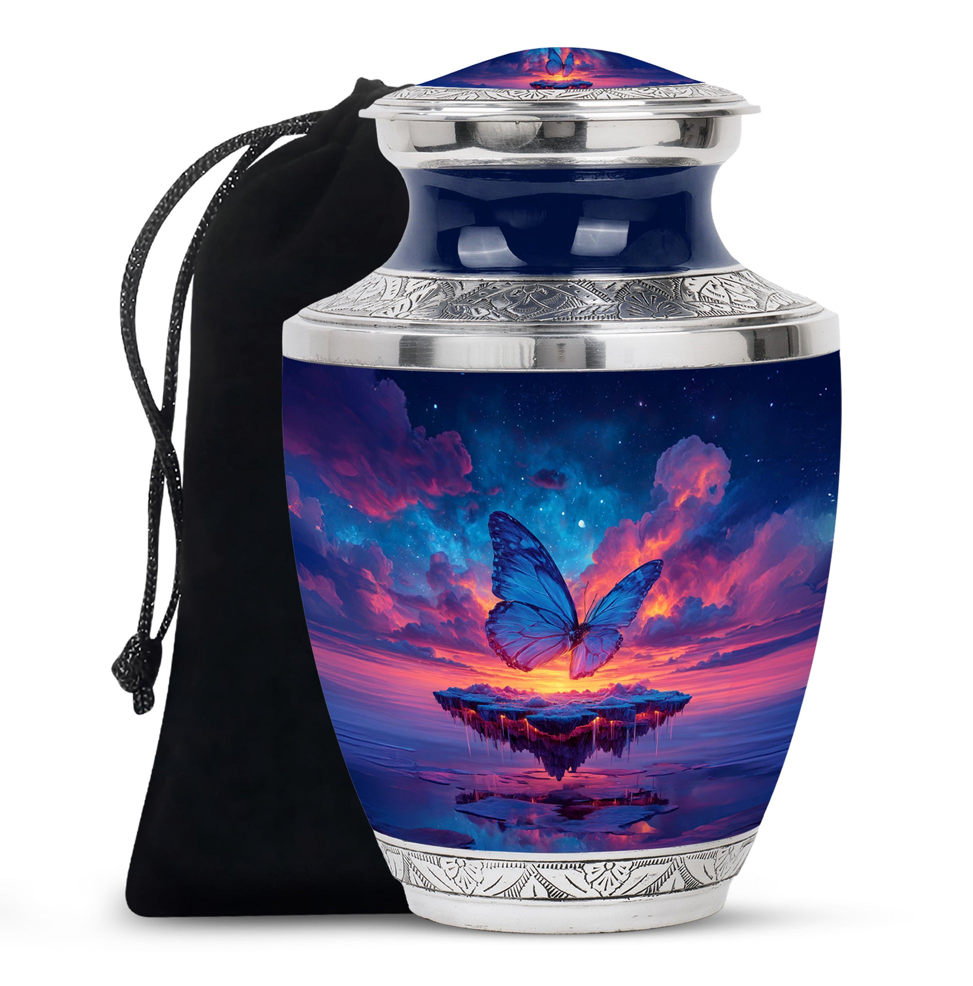 Pastel Blue Butterfly Cremation Urn side profile showing urn shape - contemporary butterfly design with modern artistic flair - full-size 10 inch 200 cubic inch adult cremation urn