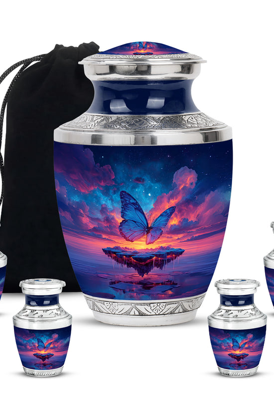 Dusty Blue Butterfly Cremation Urn lifestyle display on memorial shelf - modern art-inspired butterfly motif on sleek aluminum - memorial set with one large and four small urns