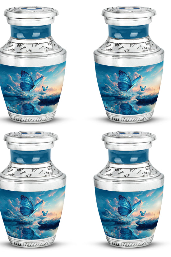 Powder Blue Butterfly Cremation Urn back view with polished surface - contemporary butterfly design with modern artistic flair - 10 inch aluminum urn for cremated remains
