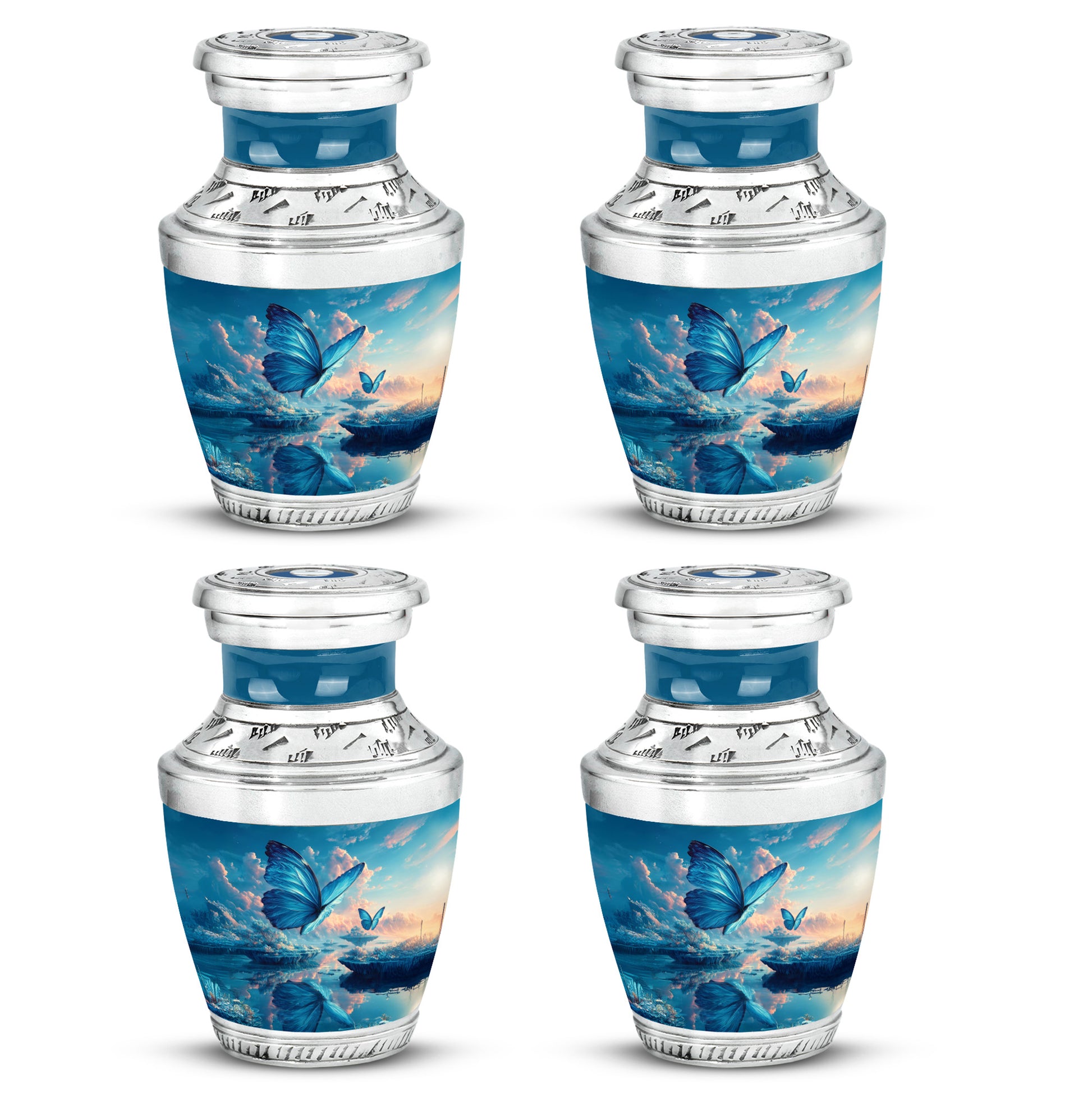 Powder Blue Butterfly Cremation Urn back view with polished surface - contemporary butterfly design with modern artistic flair - 10 inch aluminum urn for cremated remains