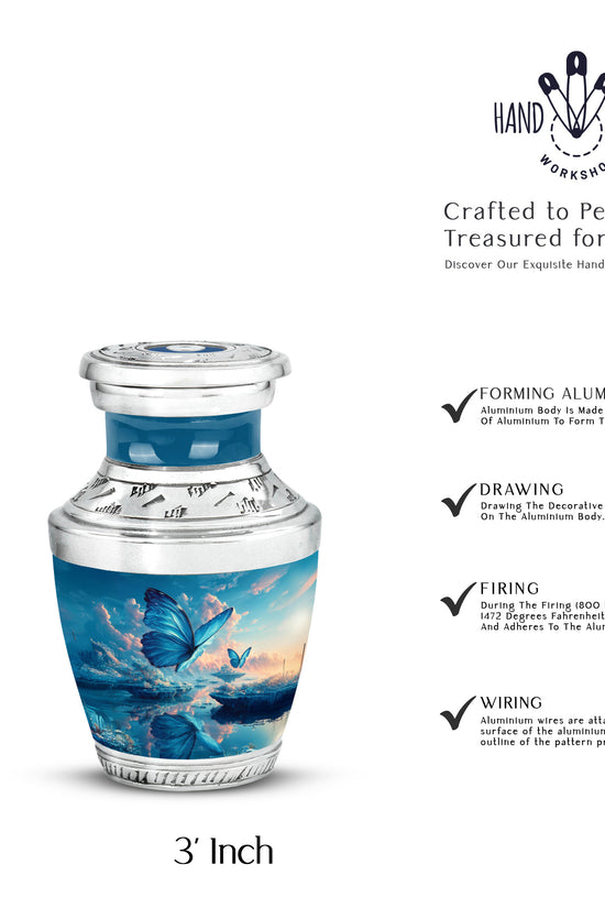 Navy Blue Butterfly Cremation Urn top-down view of secure threaded lid - modern art-inspired butterfly motif on sleek aluminum - mini keepsake memorial for portion of cremation ashes
