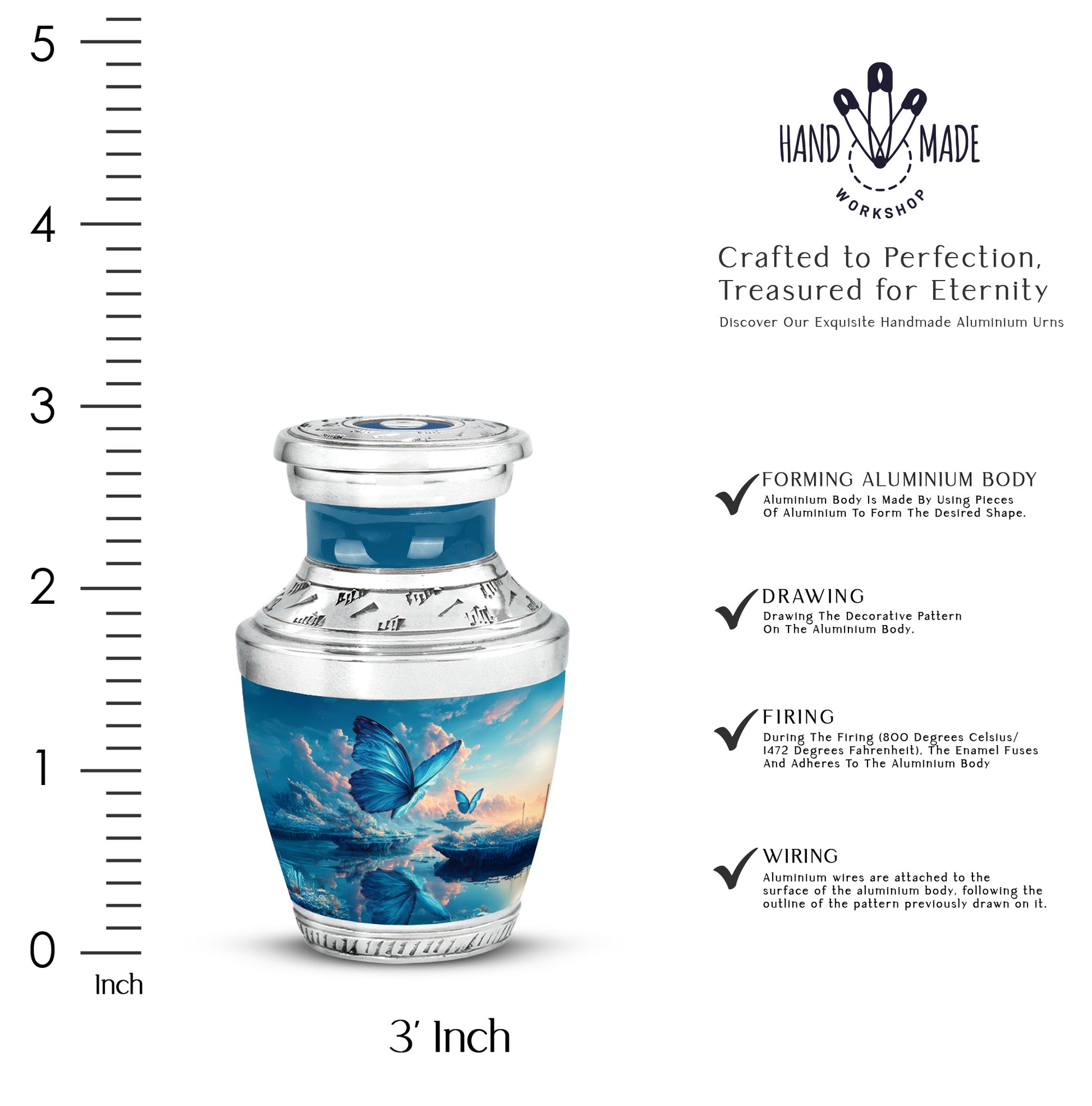 Navy Blue Butterfly Cremation Urn top-down view of secure threaded lid - modern art-inspired butterfly motif on sleek aluminum - mini keepsake memorial for portion of cremation ashes