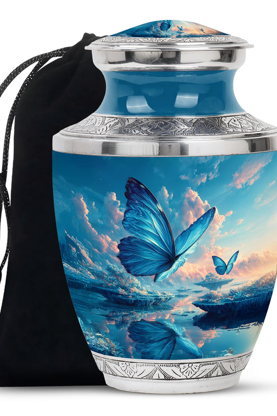 Vivid Blue Butterfly Cremation Urn side profile showing urn shape - artistic butterfly interpretation with creative detail - full-size 10 inch 200 cubic inch adult cremation urn