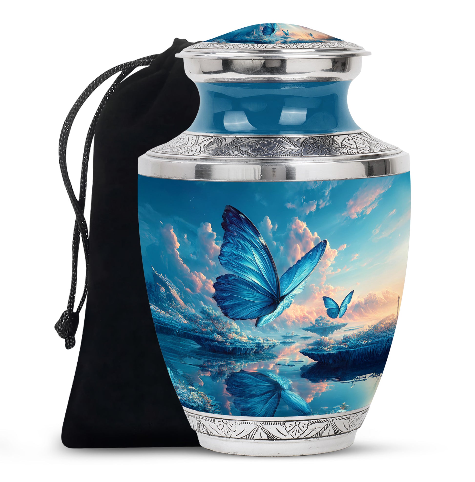Vivid Blue Butterfly Cremation Urn side profile showing urn shape - artistic butterfly interpretation with creative detail - full-size 10 inch 200 cubic inch adult cremation urn