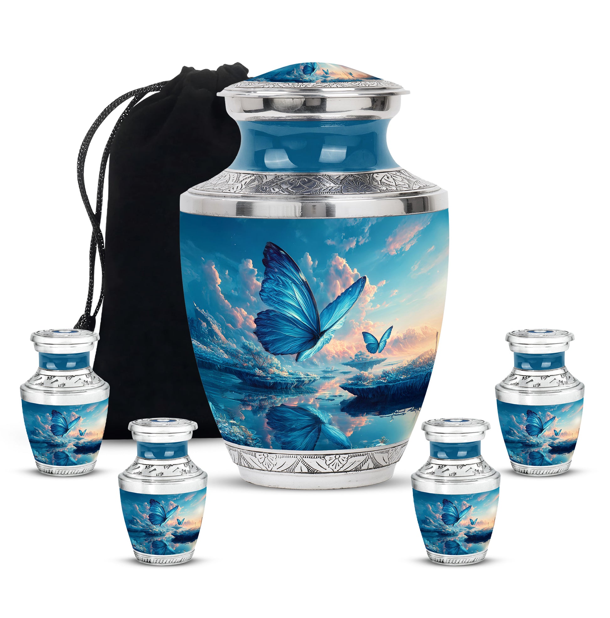 Vivid Blue Butterfly Cremation Urn lifestyle display on memorial shelf - stylized abstract butterfly pattern with bold lines - memorial set with one large and four small urns