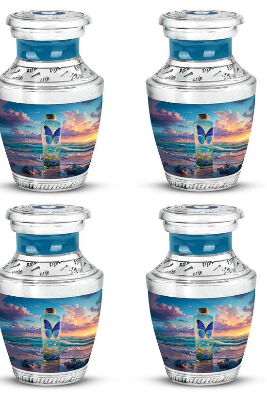 Cobalt Blue Butterfly Cremation Urn back view with polished surface - stylized abstract butterfly pattern with bold lines - 10 inch aluminum urn for cremated remains