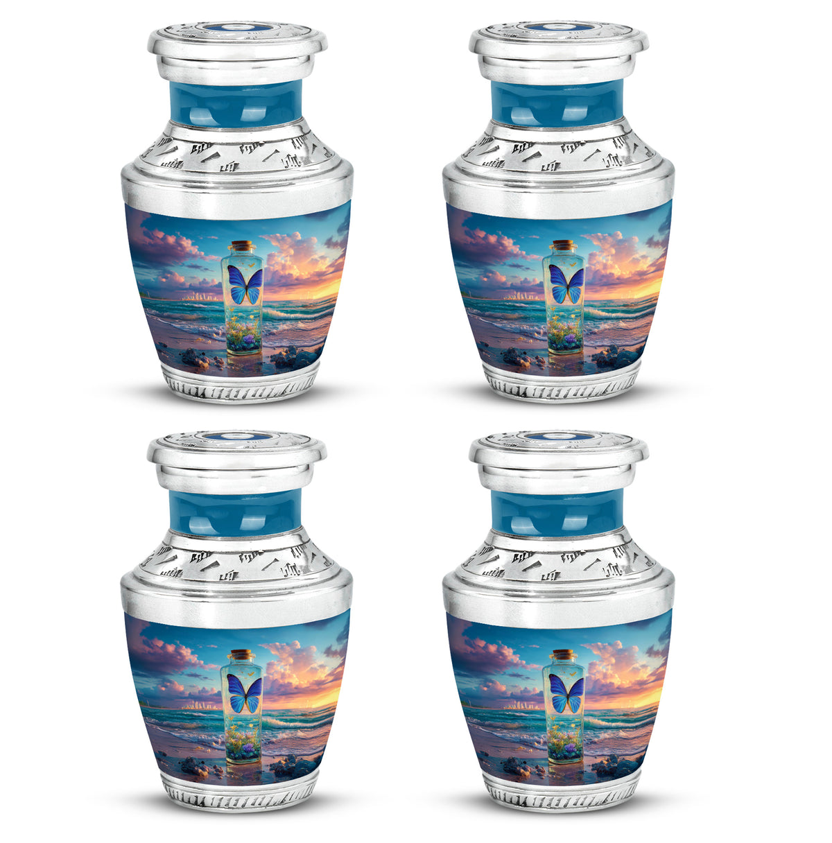 Cobalt Blue Butterfly Cremation Urn back view with polished surface - stylized abstract butterfly pattern with bold lines - 10 inch aluminum urn for cremated remains