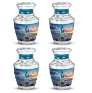 Cobalt Blue Butterfly Cremation Urn back view with polished surface - stylized abstract butterfly pattern with bold lines - 10 inch aluminum urn for cremated remains