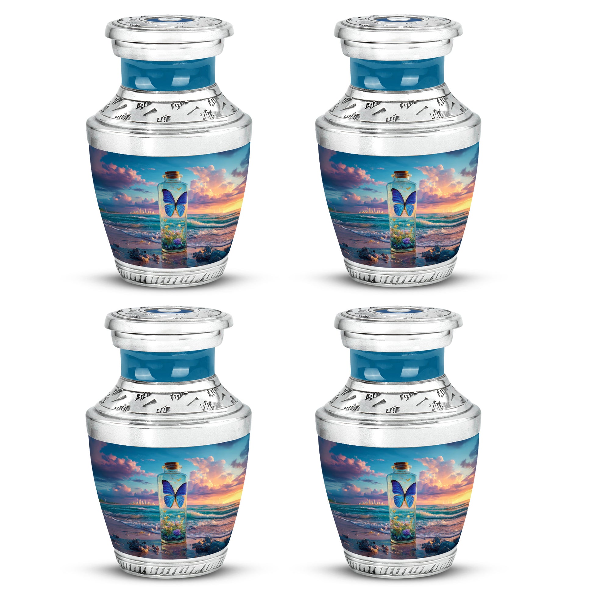 Cobalt Blue Butterfly Cremation Urn back view with polished surface - stylized abstract butterfly pattern with bold lines - 10 inch aluminum urn for cremated remains