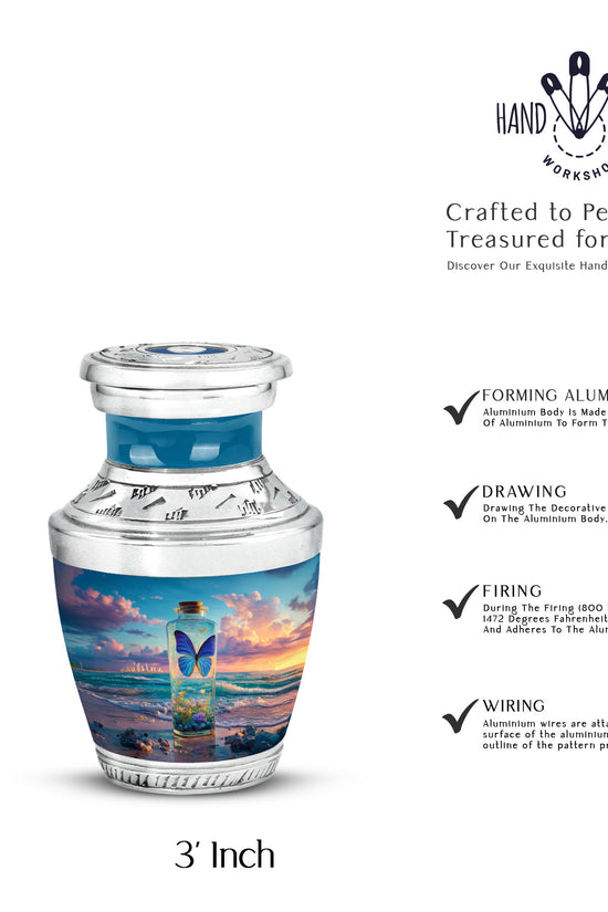 Icy Blue Butterfly Cremation Urn top-down view of secure threaded lid - contemporary butterfly design with modern artistic flair - mini keepsake memorial for portion of cremation ashes