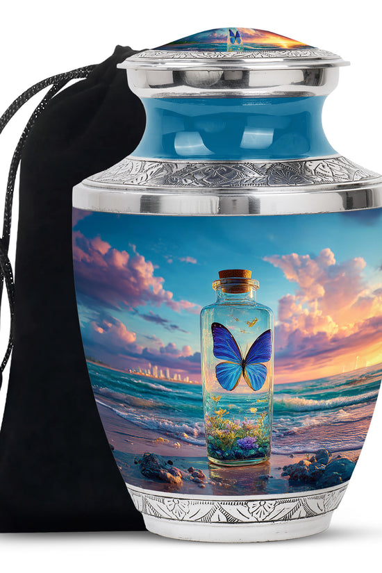Misty Blue Butterfly Cremation Urn side profile showing urn shape - modern art-inspired butterfly motif on sleek aluminum - full-size 10 inch 200 cubic inch adult cremation urn