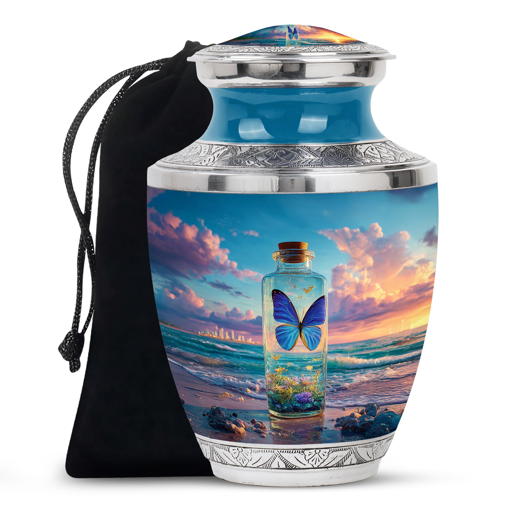 Misty Blue Butterfly Cremation Urn side profile showing urn shape - modern art-inspired butterfly motif on sleek aluminum - full-size 10 inch 200 cubic inch adult cremation urn