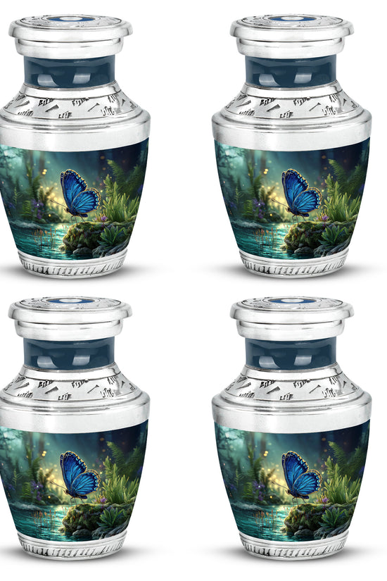Azure Butterfly Cremation Urn back view with polished surface - modern art-inspired butterfly motif on sleek aluminum - 10 inch aluminum urn for cremated remains