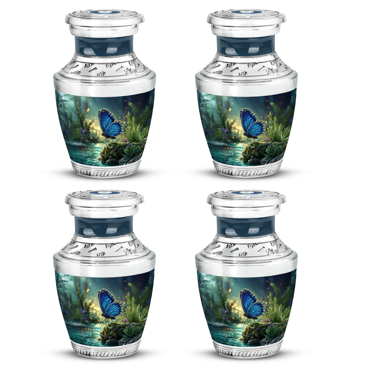 Azure Butterfly Cremation Urn back view with polished surface - modern art-inspired butterfly motif on sleek aluminum - 10 inch aluminum urn for cremated remains