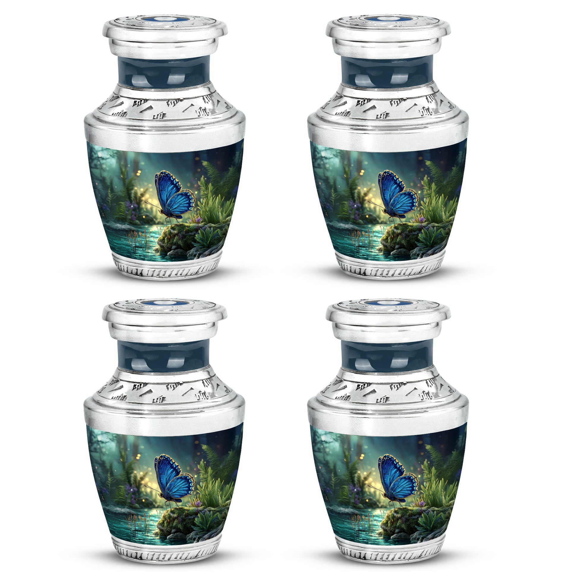 Azure Butterfly Cremation Urn back view with polished surface - modern art-inspired butterfly motif on sleek aluminum - 10 inch aluminum urn for cremated remains