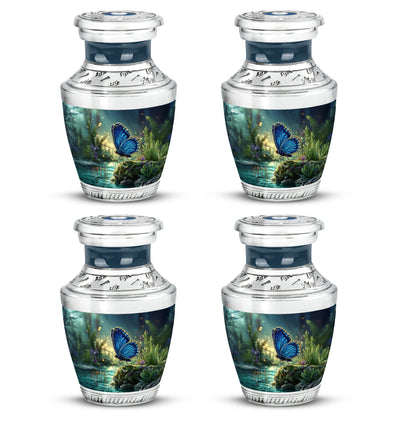 Azure Butterfly Cremation Urn back view with polished surface - modern art-inspired butterfly motif on sleek aluminum - 10 inch aluminum urn for cremated remains