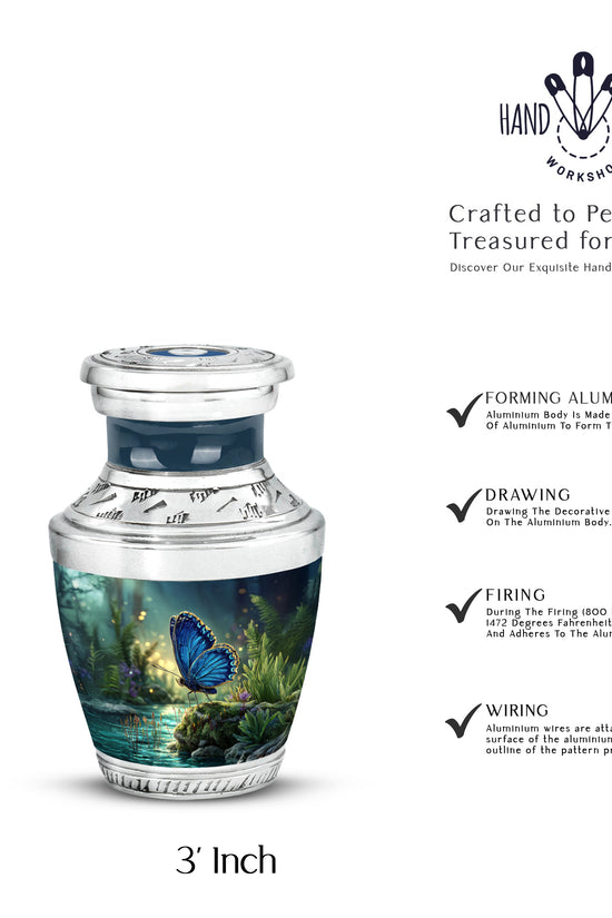 Powder Blue Butterfly Cremation Urn top-down view of secure threaded lid - modern art-inspired butterfly motif on sleek aluminum - mini keepsake memorial for portion of cremation ashes
