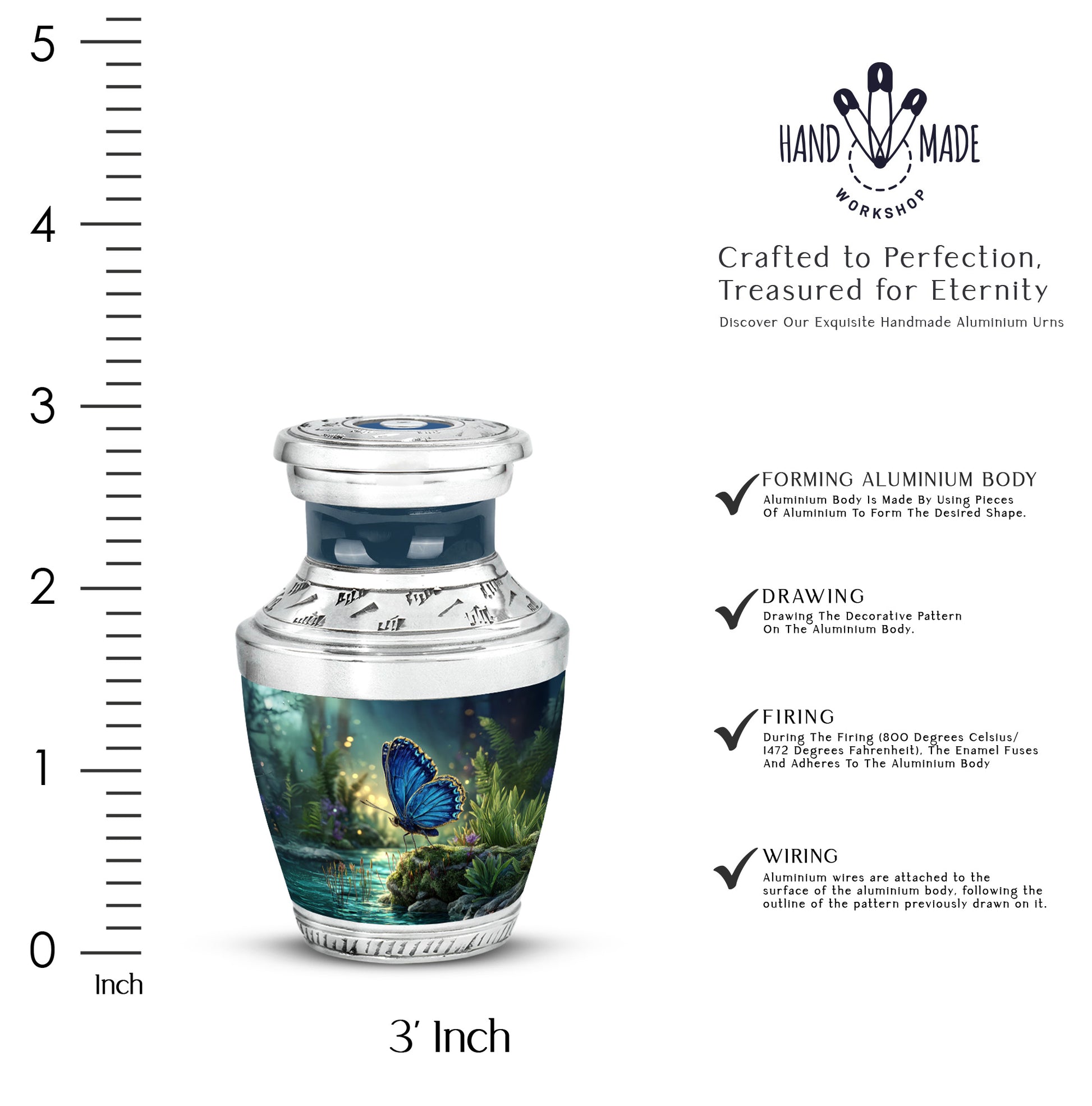Powder Blue Butterfly Cremation Urn top-down view of secure threaded lid - modern art-inspired butterfly motif on sleek aluminum - mini keepsake memorial for portion of cremation ashes