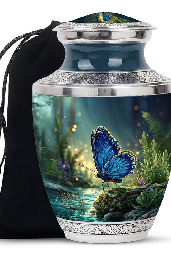 Celestial Blue Butterfly Cremation Urn side profile showing urn shape - modern art-inspired butterfly motif on sleek aluminum - full-size 10 inch 200 cubic inch adult cremation urn