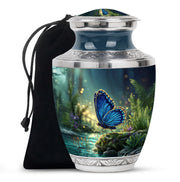 Celestial Blue Butterfly Cremation Urn side profile showing urn shape - modern art-inspired butterfly motif on sleek aluminum - full-size 10 inch 200 cubic inch adult cremation urn