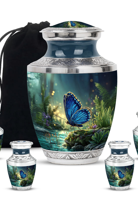 Sapphire Blue Butterfly Cremation Urn lifestyle display on memorial shelf - artistic butterfly interpretation with creative detail - memorial set with one large and four small urns