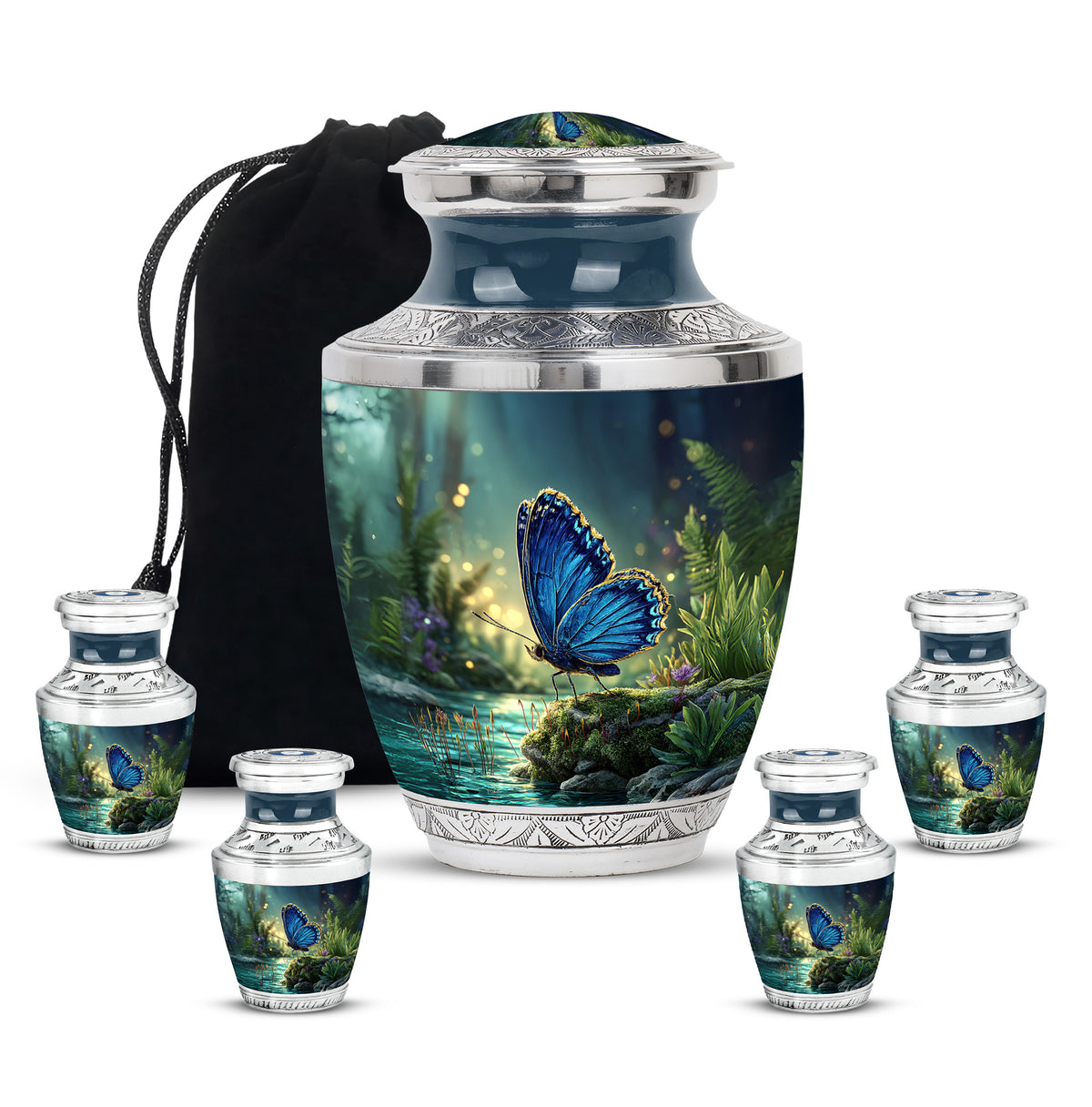 Sapphire Blue Butterfly Cremation Urn lifestyle display on memorial shelf - artistic butterfly interpretation with creative detail - memorial set with one large and four small urns