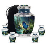 Sapphire Blue Butterfly Cremation Urn lifestyle display on memorial shelf - artistic butterfly interpretation with creative detail - memorial set with one large and four small urns