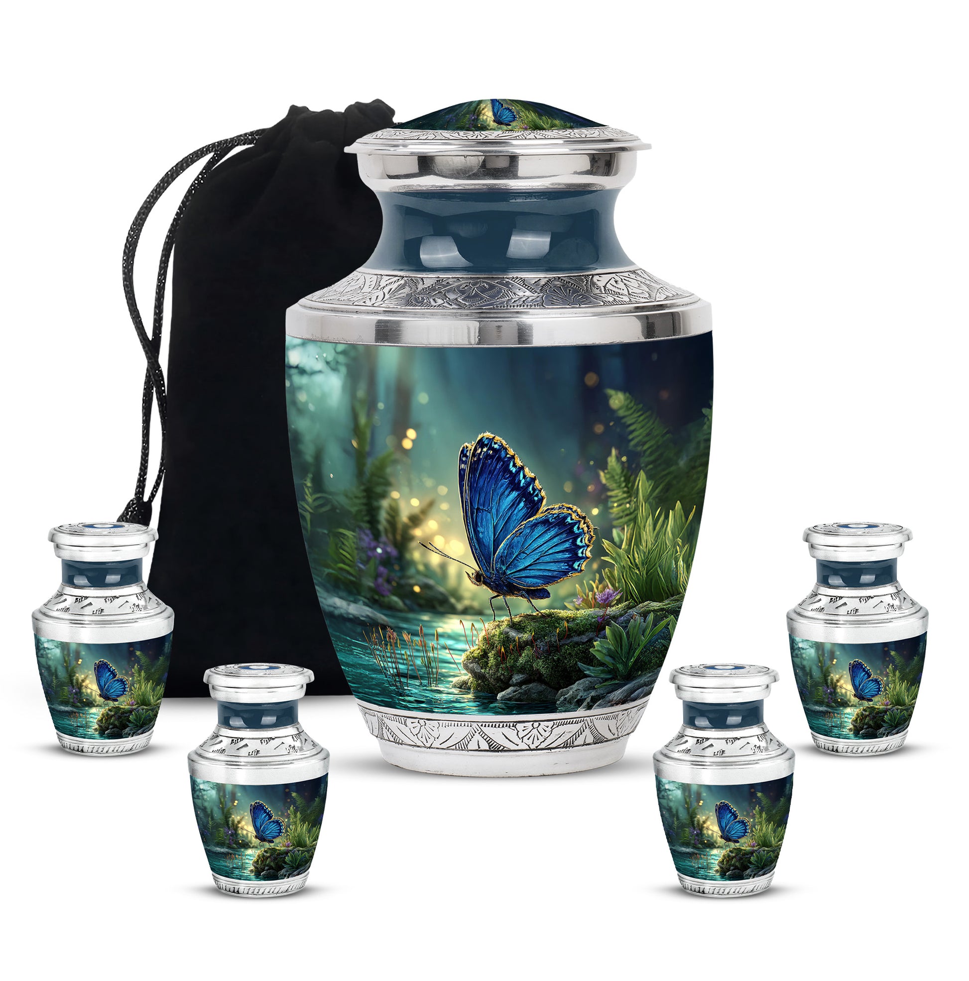 Sapphire Blue Butterfly Cremation Urn lifestyle display on memorial shelf - artistic butterfly interpretation with creative detail - memorial set with one large and four small urns