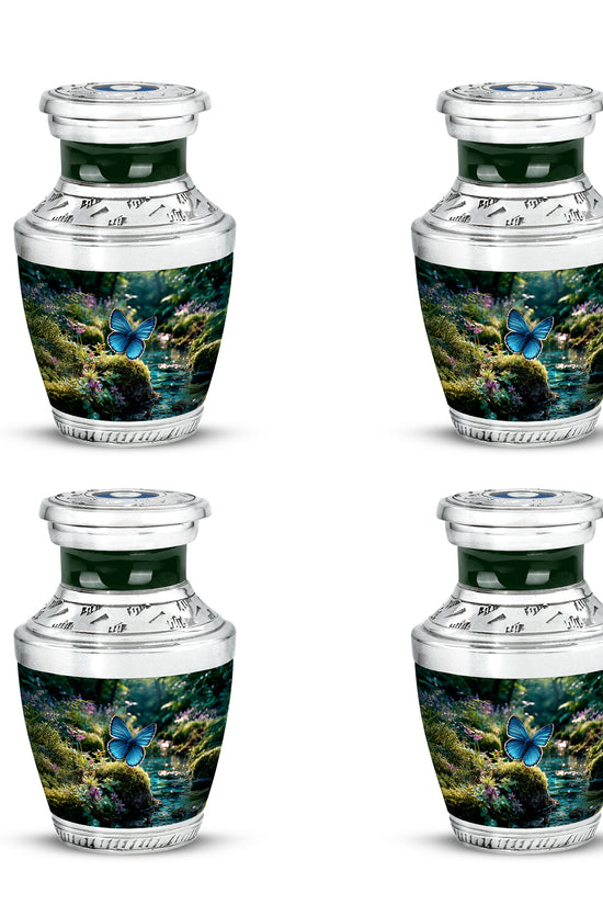Olive Green Butterfly Cremation Urn back view with polished surface - stylized abstract butterfly pattern with bold lines - 10 inch aluminum urn for cremated remains