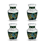 Olive Green Butterfly Cremation Urn back view with polished surface - stylized abstract butterfly pattern with bold lines - 10 inch aluminum urn for cremated remains