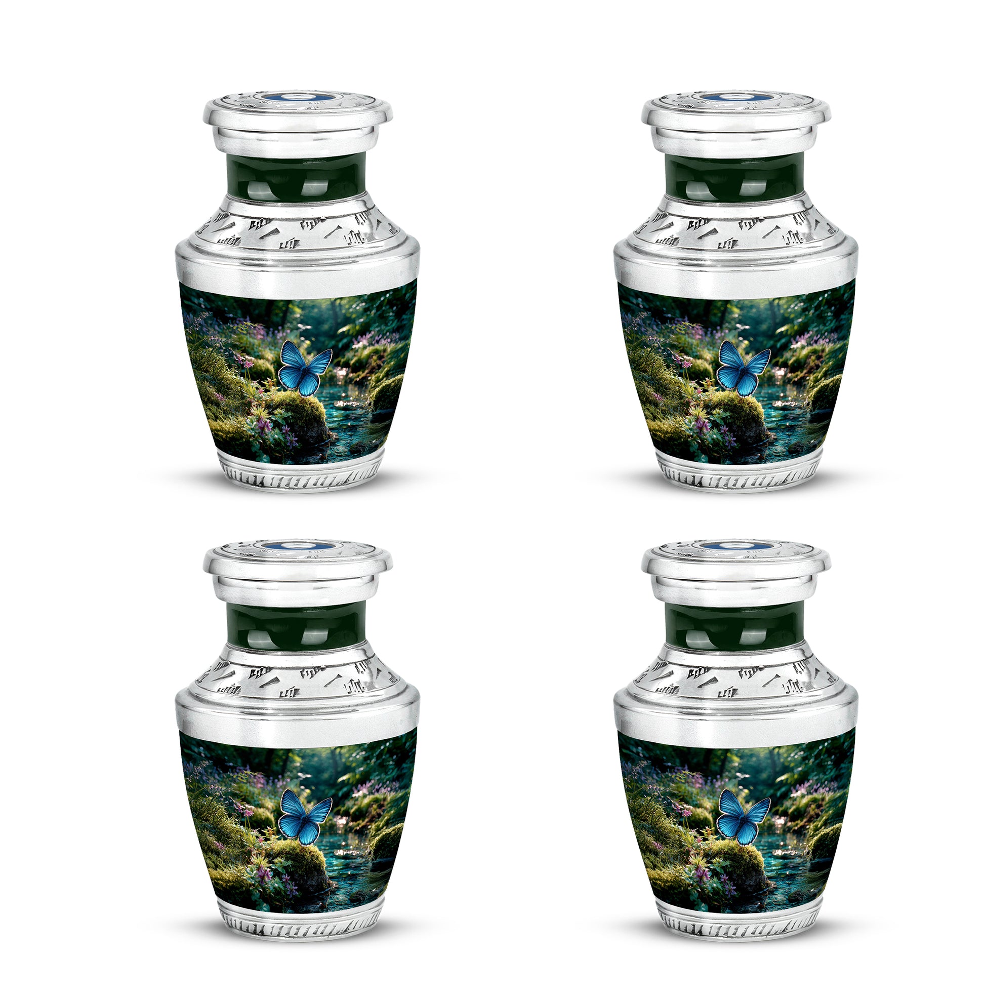 Olive Green Butterfly Cremation Urn back view with polished surface - stylized abstract butterfly pattern with bold lines - 10 inch aluminum urn for cremated remains
