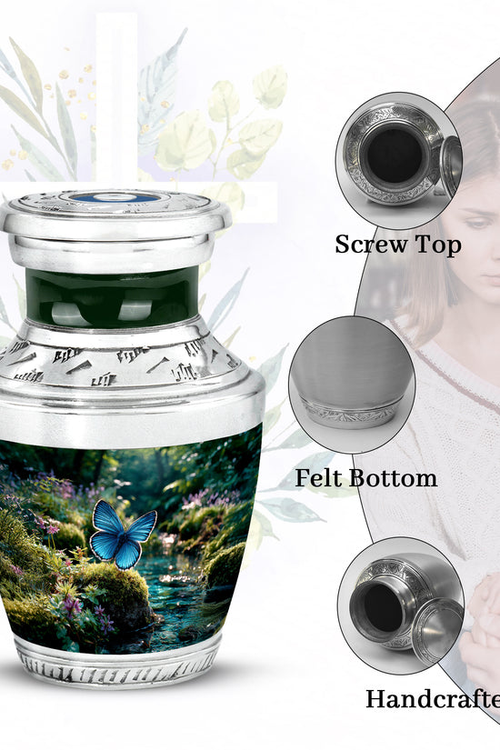 Emerald Green Butterfly Cremation Urn top-down view of secure threaded lid - contemporary butterfly design with modern artistic flair - mini keepsake memorial for portion of cremation ashes