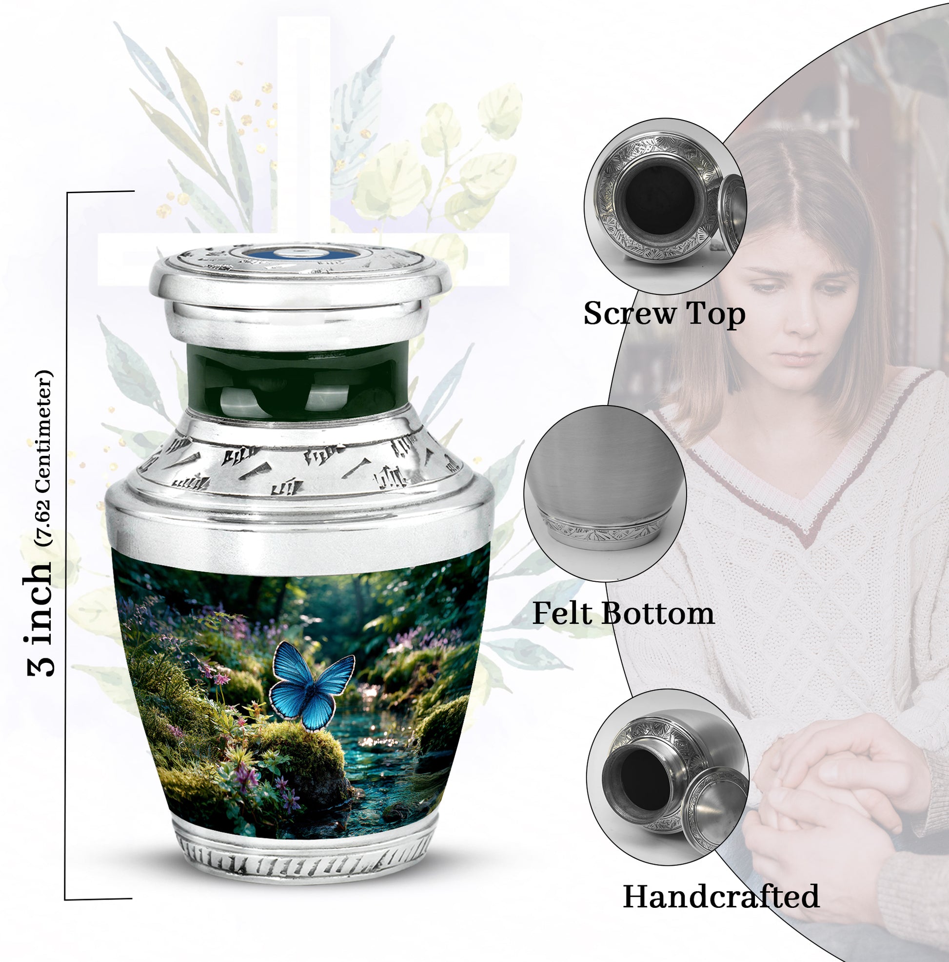 Emerald Green Butterfly Cremation Urn top-down view of secure threaded lid - contemporary butterfly design with modern artistic flair - mini keepsake memorial for portion of cremation ashes
