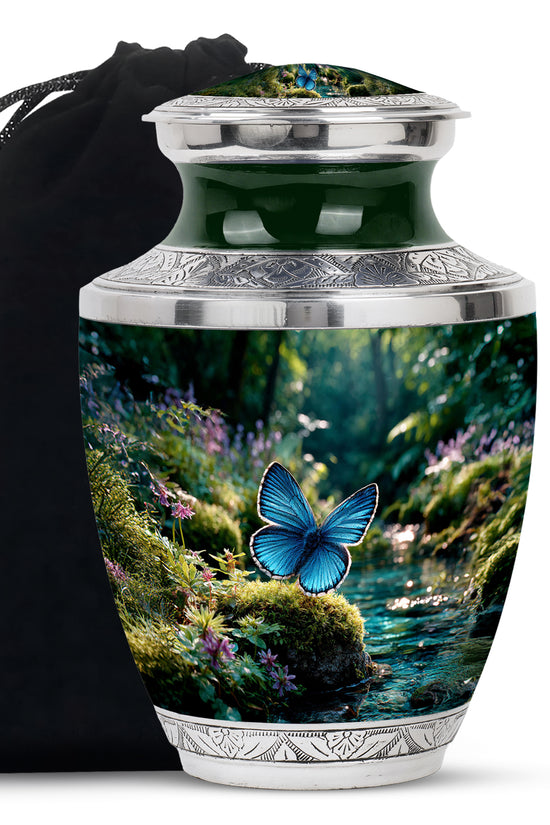 Jade Green Butterfly Cremation Urn side profile showing urn shape - contemporary butterfly design with modern artistic flair - full-size 10 inch 200 cubic inch adult cremation urn