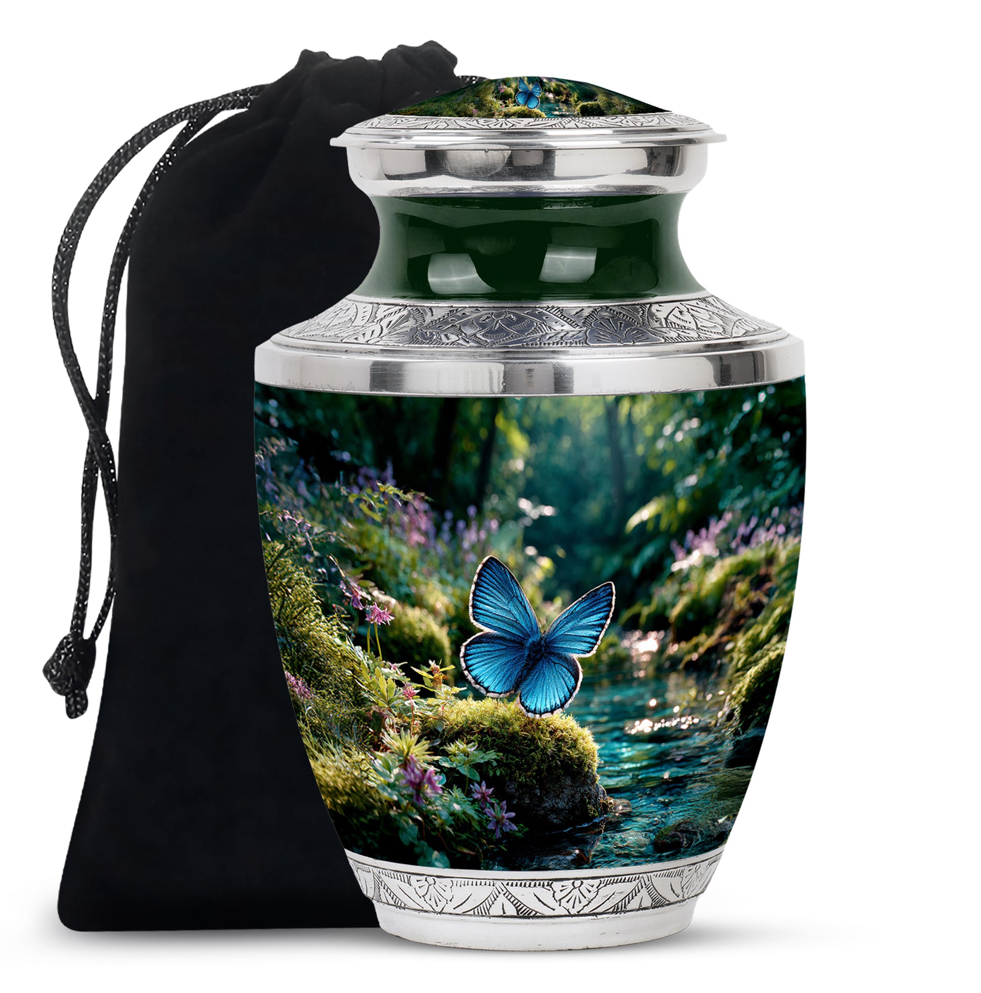 Jade Green Butterfly Cremation Urn side profile showing urn shape - contemporary butterfly design with modern artistic flair - full-size 10 inch 200 cubic inch adult cremation urn